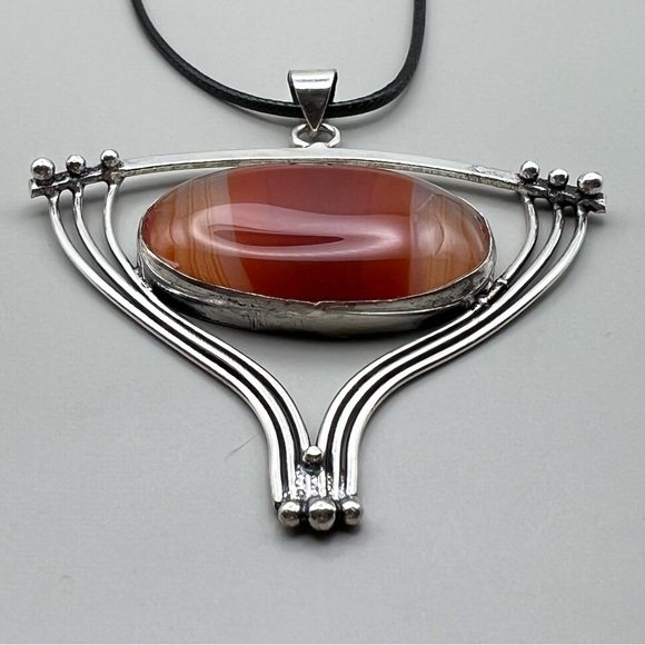 New Large Unique Orange Sardonyx Agate Silver Overlay Stone Pendant Necklace - Picture 4 of 9